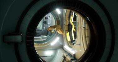 Cinematic CGI Ram skull floating in zero gravity aboard the international space station video