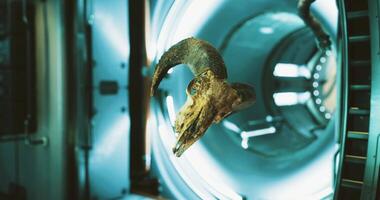 Expressive CGI Ram skull floats in zero gravity aboard the International Space Station video