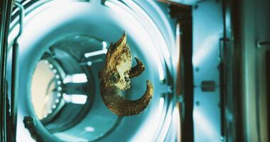 Dreamlike CGI Ram skull floats in zero gravity aboard the international space station video