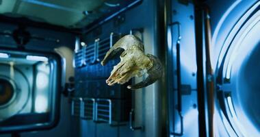 CGI Ram skull floating in zero gravity aboard the international space station video