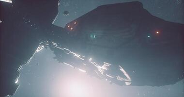 CGI Spaceship navigating through asteroid field in deep space near distant star video