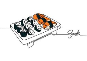 Continuous line drawing of a sushi roll. Japanese food illustration on white background. vector