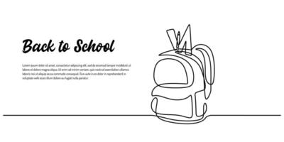 Back to School template Banner. One Line Drawing with Backpack Stationery. vector