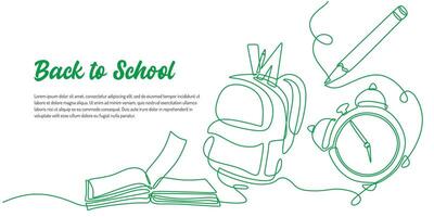 Back to school banner one line drawing with stationery kit design. vector
