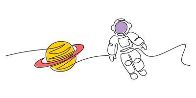 Astronaut flying near Saturn one line art vector