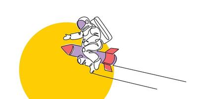 Astronaut on rocket ship one line art vector