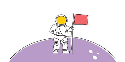 Astronaut raising flag in space line drawing vector