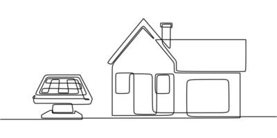 Solar panel powering home one line art vector