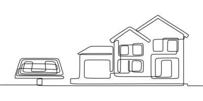 House with solar panel one line drawing vector