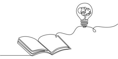 One Line Drawing of Open Book with Brain and Bulb vector
