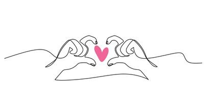 Shared heart between hands one line art vector