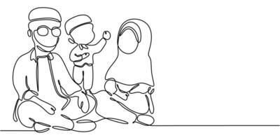 Muslim family togetherness one line drawing vector