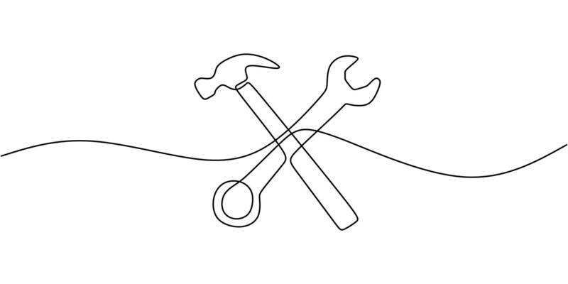 Crossed hammer and wrench one line drawing