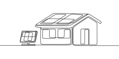 House with solar panels continuous line drawing vector