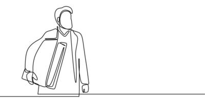 One line drawing of a man carrying a large bag, representing hard work and dedication to goals. vector