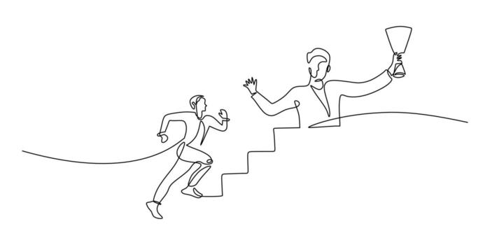 One line drawing of a man running up stairs with a trophy, representing perseverance and success. vector