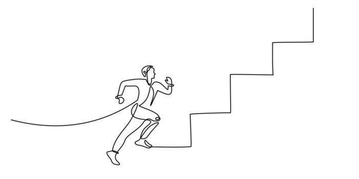 continuo uno línea dibujo de un hombre corriendo arriba escaleras, destacando ambición y Progreso hacia objetivos. vector