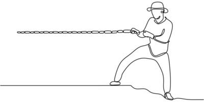 One line drawing of a man pulling a chain, symbolizing resilience and strength to move forward. vector