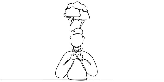 One line drawing of clouds with lightning over a man's head, symbolizing stress and overwhelming thoughts. vector