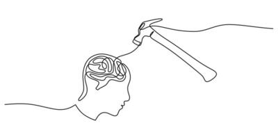 Continuous one line drawing of a head with a brain and hammer, representing mental pressure and problem solving. vector
