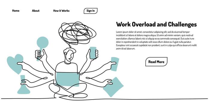 uno línea dibujo de un multitarea hombre gerente varios tareas, simbolizando productividad y trabajo sobrecarga. vector