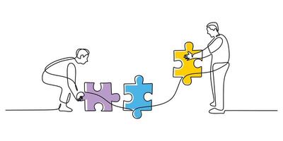 People assembling puzzle pieces in a continuous one line drawing, symbolizing teamwork and collaboration. vector