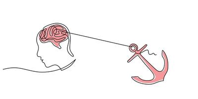 One line drawing of a head with a brain and anchor, symbolizing mental stability and resilience. vector