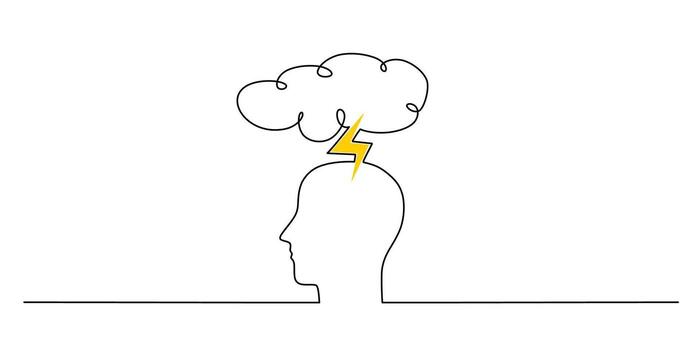 Continuous one line drawing of clouds with lightning above a man head, representing stress and tension. vector