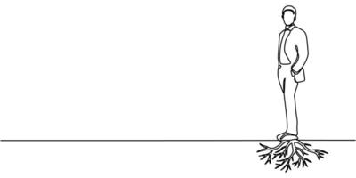 One line drawing of a man standing on tree roots, representing strength and connection to nature. vector