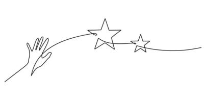 Continuous one line drawing of a hand reaching for stars, representing hope and the pursuit of greatness. vector
