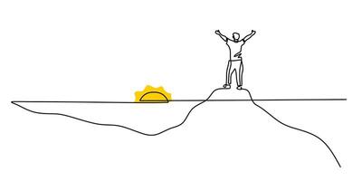 One line drawing of a man standing on a hilltop with a sunrise, symbolizing new beginnings and hope. vector