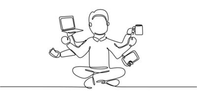 Continuous one line drawing of a man holding work equipment while sitting, representing work life balance and focus. vector