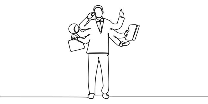 uno línea dibujo de un hombre participación trabajo equipo mientras vocación, simbolizando multitarea y equilibrio responsabilidades. vector