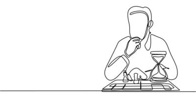 One line drawing of a man playing chess with an hourglass, symbolizing strategy, time management, and decision making. vector
