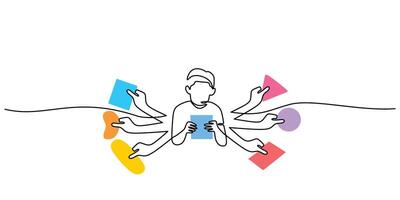 One line drawing of a man holding many task papers, symbolizing work overload and managing responsibilities. vector