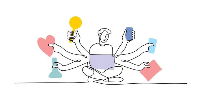 continuo uno línea dibujo de un hombre con un ordenador portátil participación muchos tarea documentos, representando multitarea y equilibrio deberes. vector