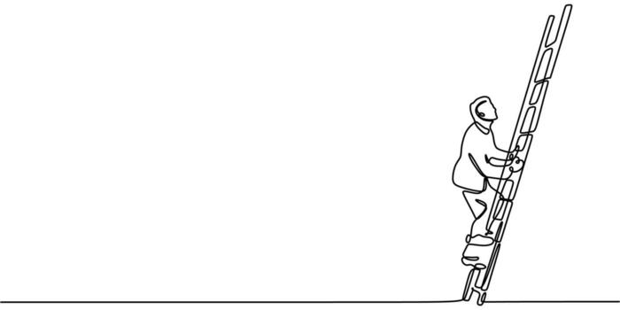 One line drawing of a man climbing stairs, symbolizing progress and overcoming obstacles on the path to success. vector