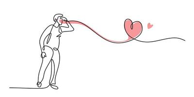 Continuous one line drawing of a man looking at a love symbol, representing longing and the pursuit of affection. vector