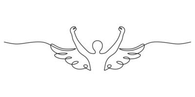 One line drawing of a man with wings lifting his hands, symbolizing empowerment and spiritual growth. vector