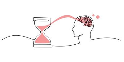 One line drawing of an hourglass with a brain, representing mental challenges and the passage of time. vector