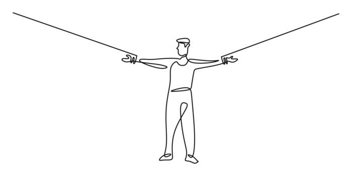 Continuous line drawing of Man Bound by Ropes, Symbolizing Constraint and Struggle. vector