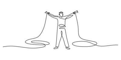 One line drawing of liberation. Person with Outstretched Arms and Flowing Lines vector