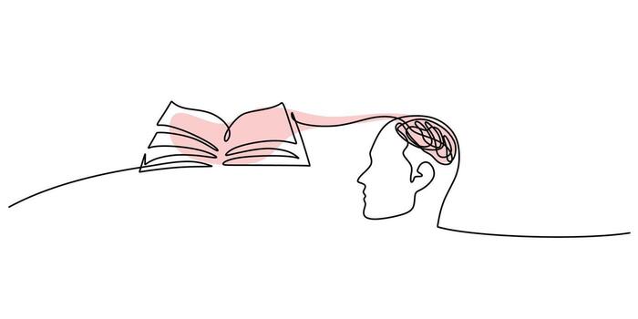Continuous one line drawing of a person with an open book for a head, symbolizing wisdom and transformative ideas. vector