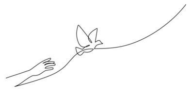 Continuous one line drawing of a hand and bird, representing peace, release, and natural harmony. vector