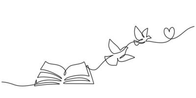 Continuous one line drawing of an open book, birds, and a love symbol, symbolizing learning and liberation. vector