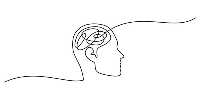 Continuous one line drawing of a head with a brain, symbolizing intelligence, thought processes, and growth. vector