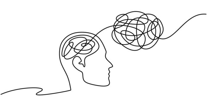 One line drawing of a head with a brain and knotty thread, symbolizing complexity and problem solving. vector