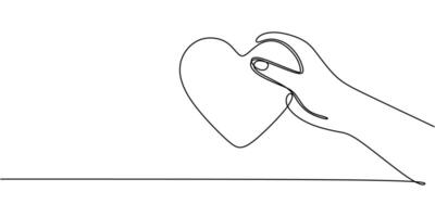 Hand offering a heart in continuous line drawing, symbolizing love, kindness, and compassion. vector