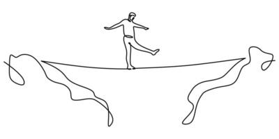 Continuous one line drawing of people walking on ropes, symbolizing balance, teamwork, and uncertainty. vector