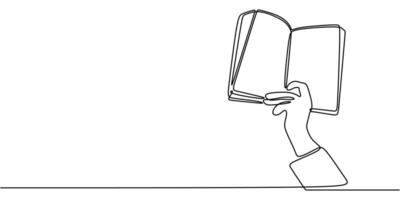 Continuous one line drawing of a hand holding an open book, symbolizing wisdom and discovery. vector